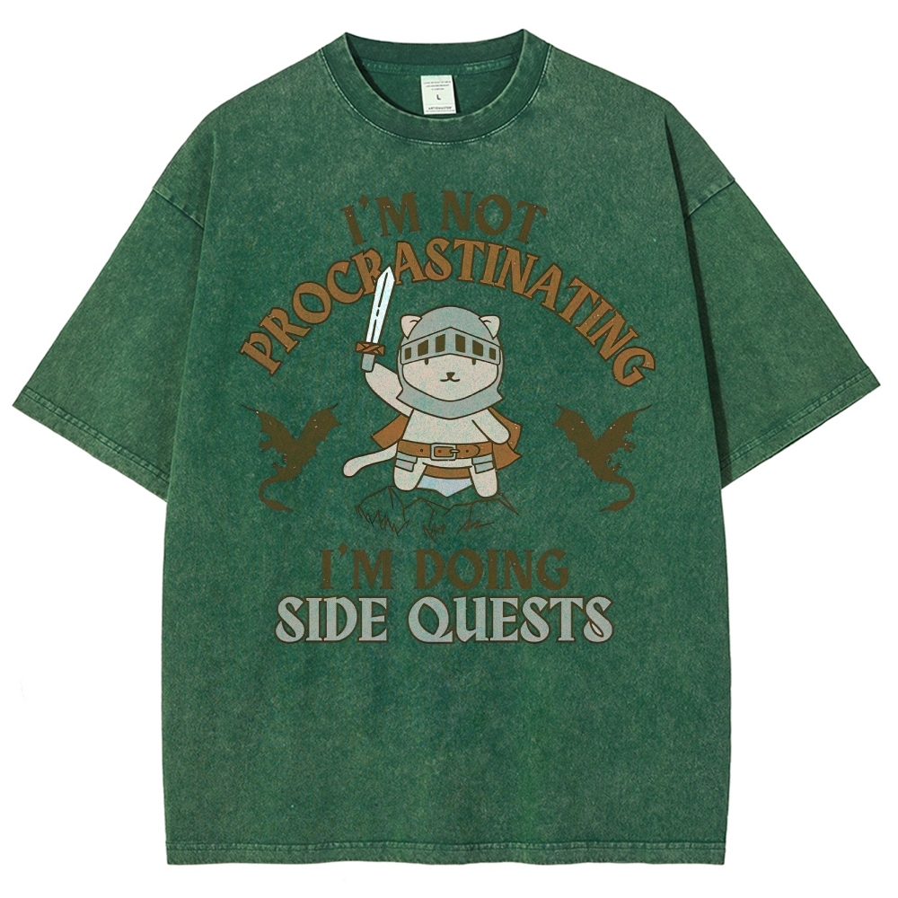 "I'm Not Procrastinating, I'm Doing Side Quests" Cat Washed T-Shirt