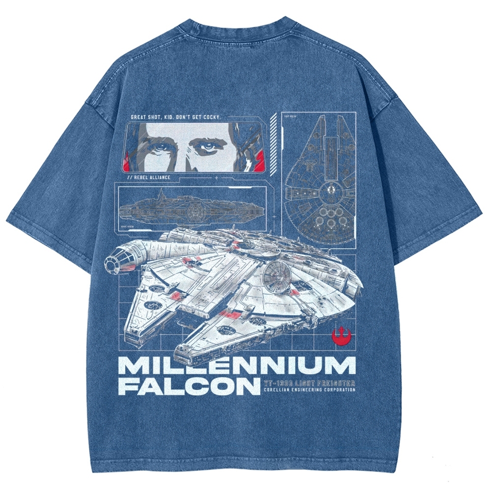 Millennium Falcon Light Freighter Blueprint Washed T-Shirt