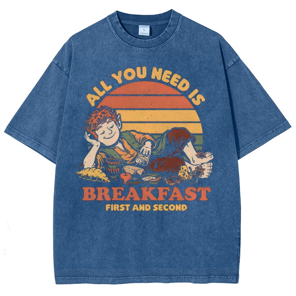 Funny Breakfast Lover Cartoon Graphic Retro Sunset Washed T-Shirt 