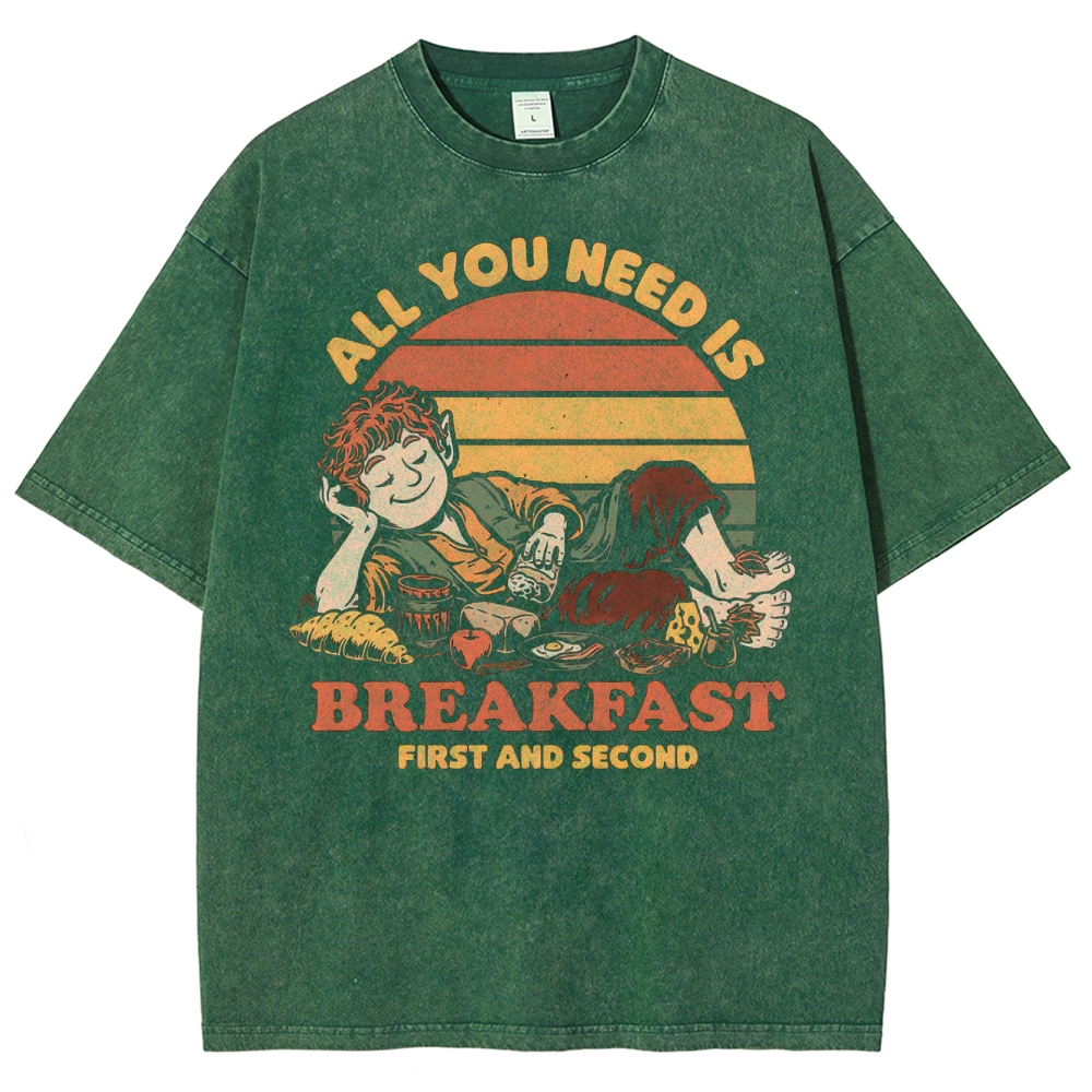 Funny Breakfast Lover Cartoon Graphic Retro Sunset Washed T-Shirt 
