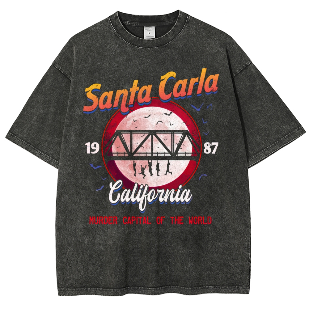Retro Horror Red Moon Bridge Graphic Washed T-Shirt 
