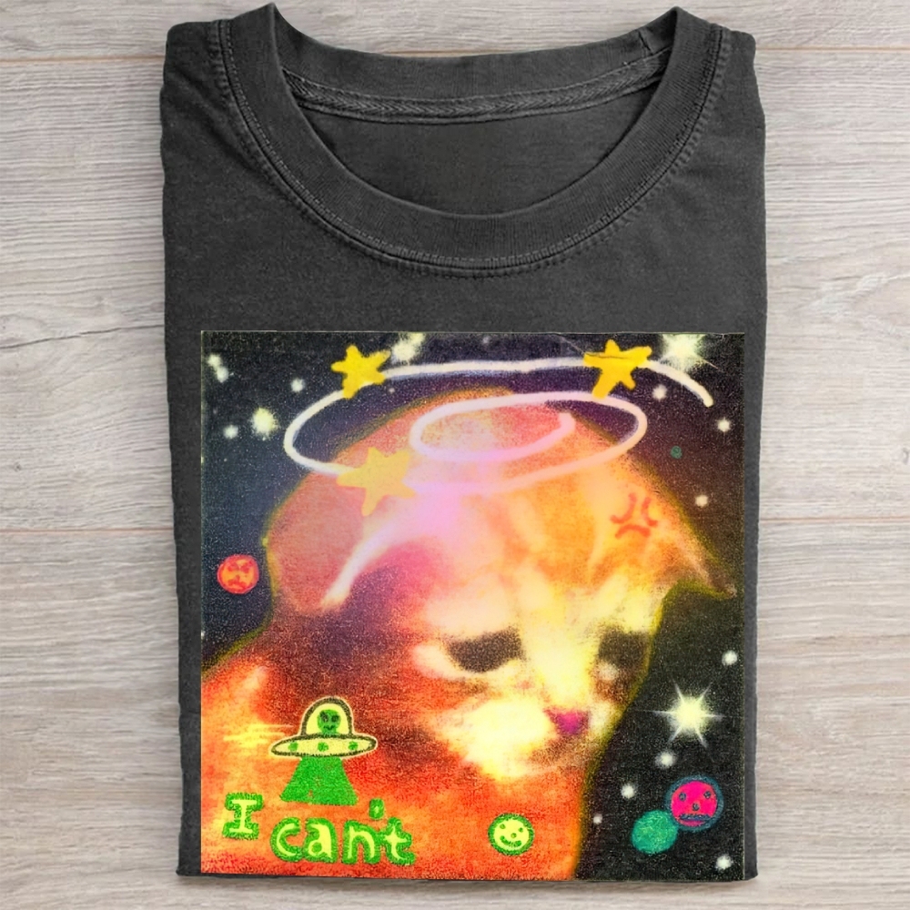 Psychedelic Space Cat "I Can't" Vintage Washed Tee