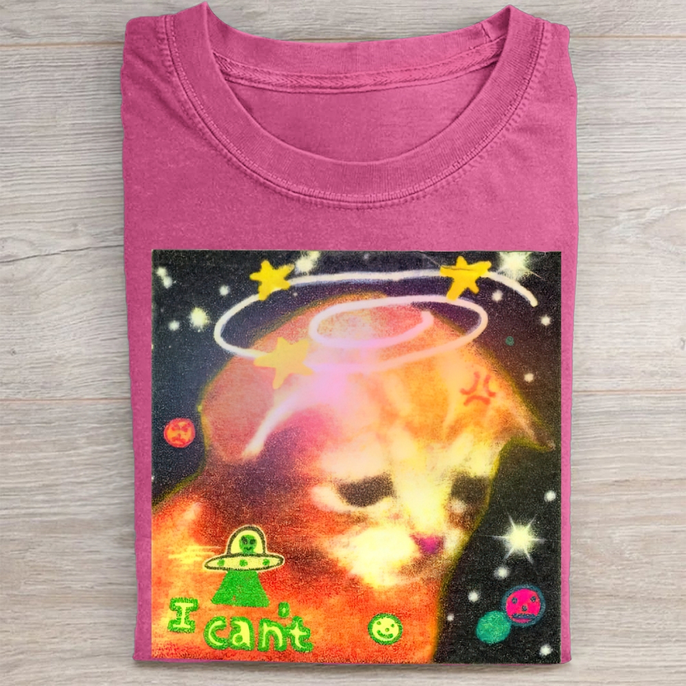 Psychedelic Space Cat "I Can't" Vintage Washed Tee