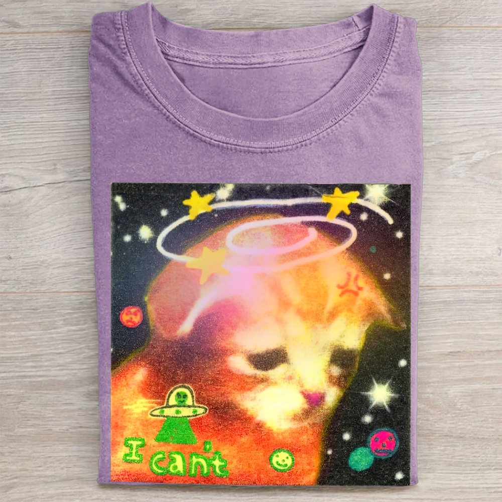 Psychedelic Space Cat "I Can't" Vintage Washed Tee
