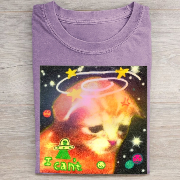Psychedelic Space Cat "I Can't" Vintage Washed Tee