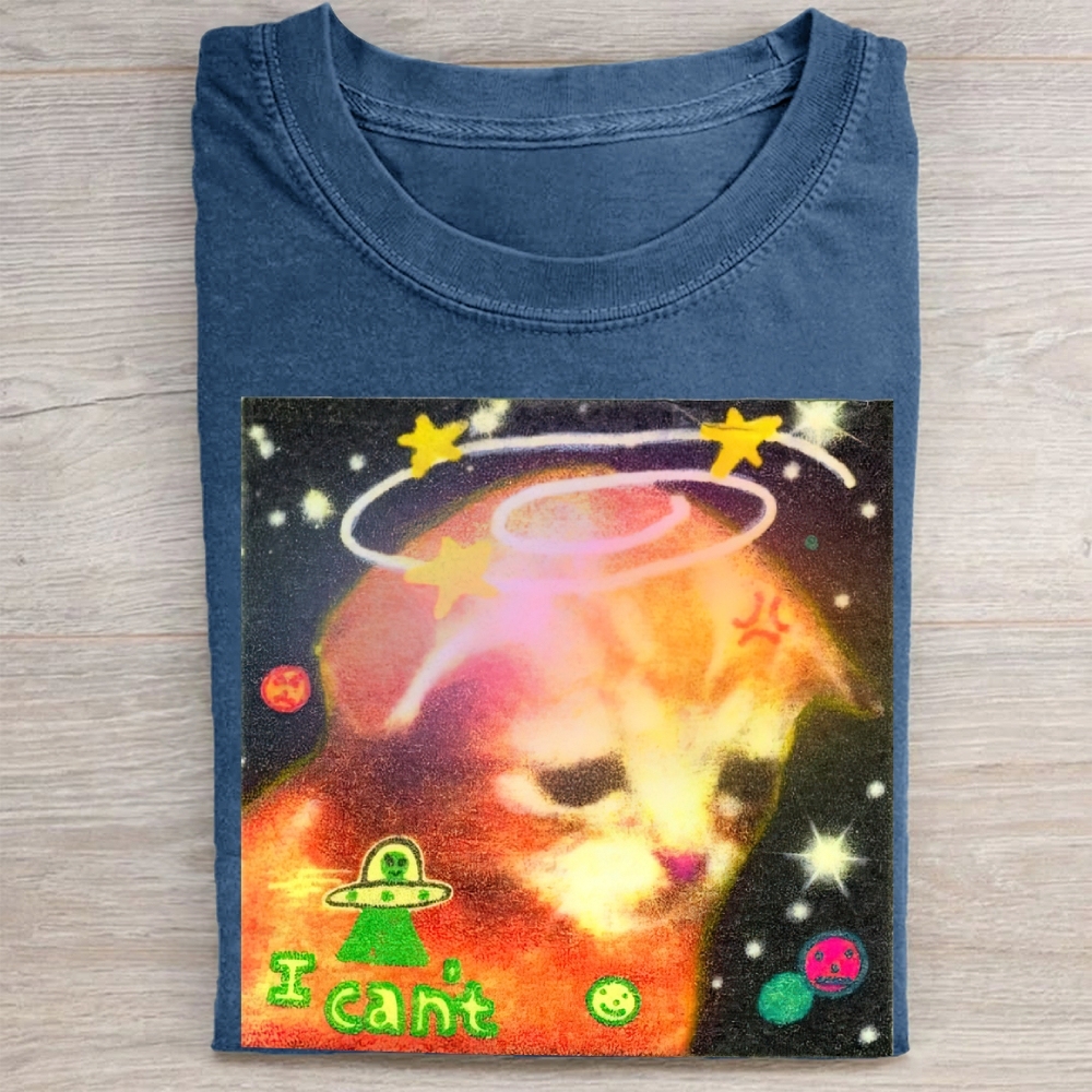 Psychedelic Space Cat "I Can't" Vintage Washed Tee