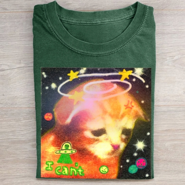 Psychedelic Space Cat "I Can't" Vintage Washed Tee