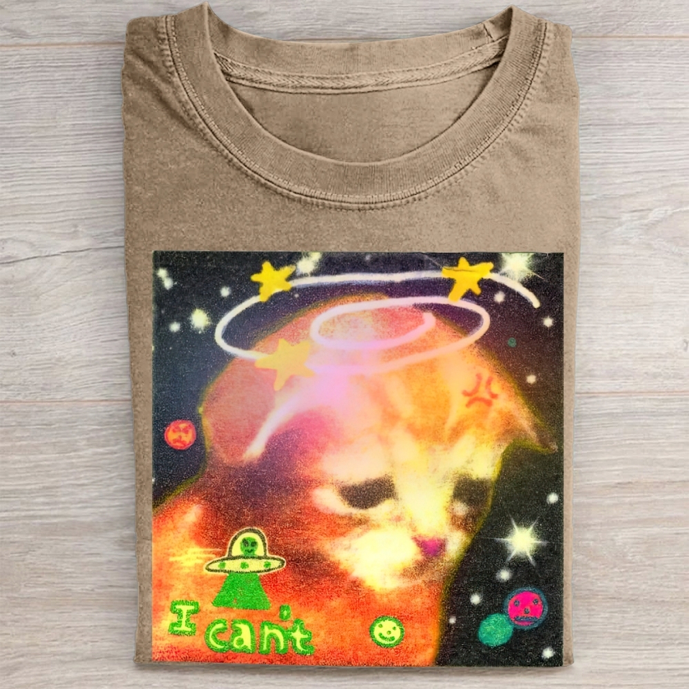 Psychedelic Space Cat "I Can't" Vintage Washed Tee