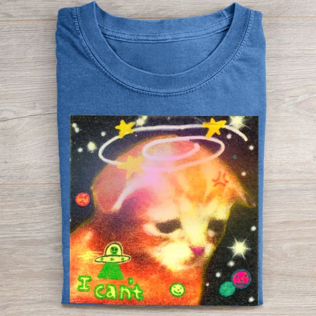 Psychedelic Space Cat "I Can't" Vintage Washed Tee