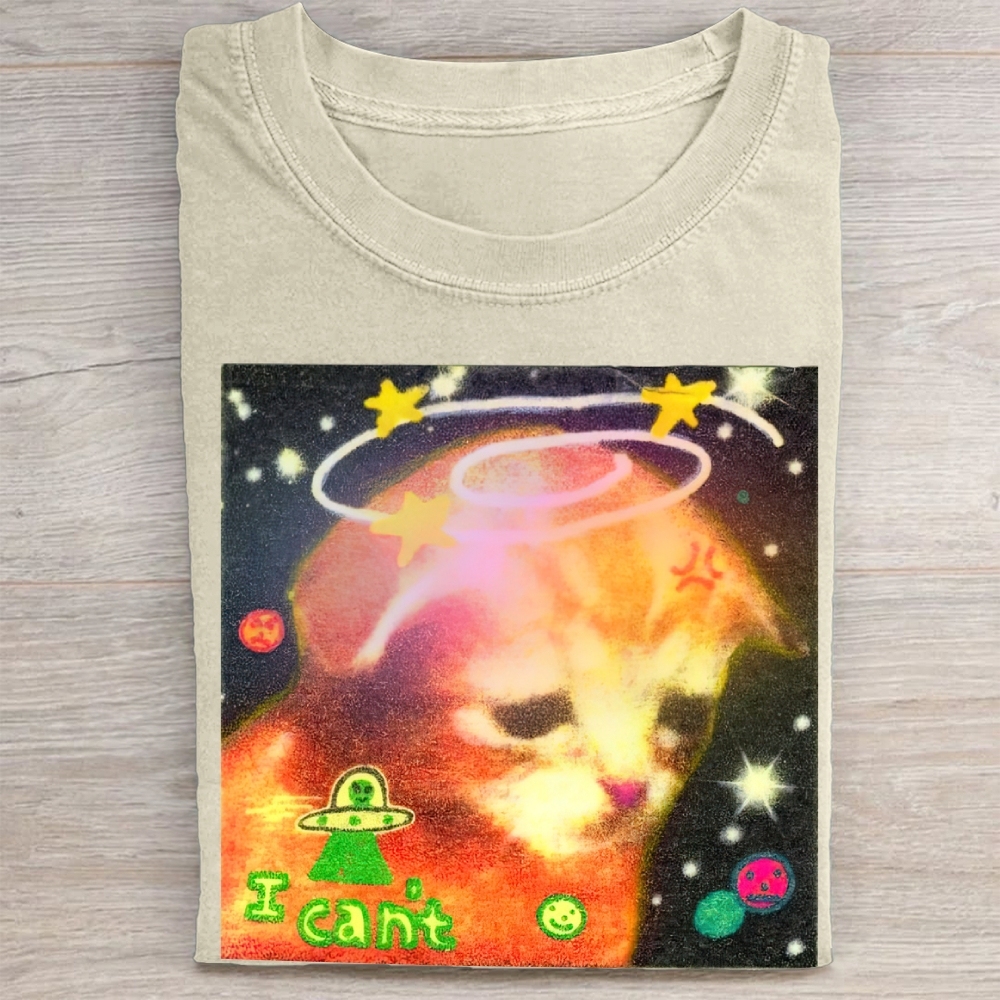 Psychedelic Space Cat "I Can't" Vintage Washed Tee