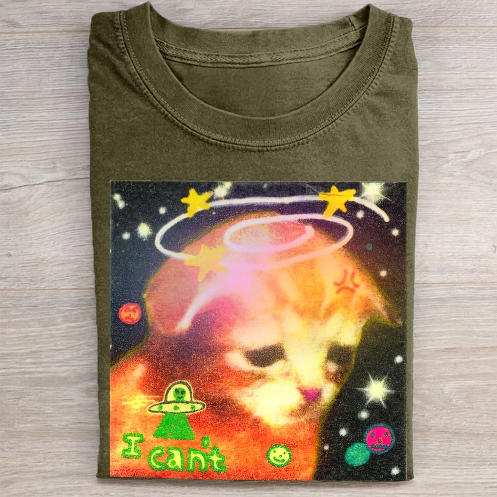 Psychedelic Space Cat "I Can't" Vintage Washed Tee