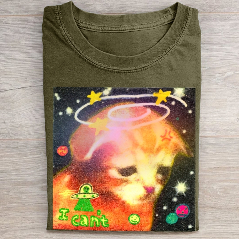 Psychedelic Space Cat "I Can't" Vintage Washed Tee