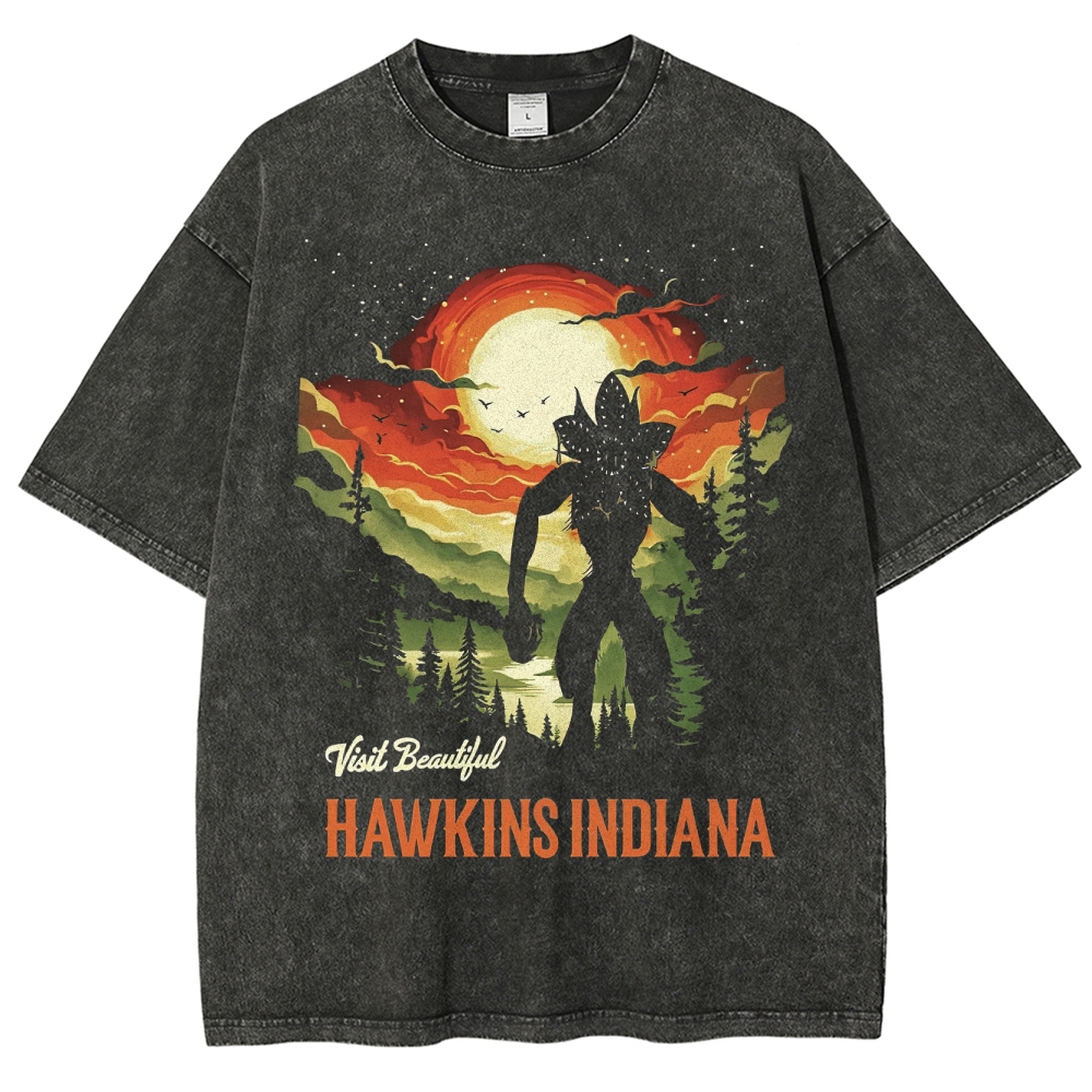 "Visit Hawkins" Retro Dusk Monster Silhouette Washed T-Shirt