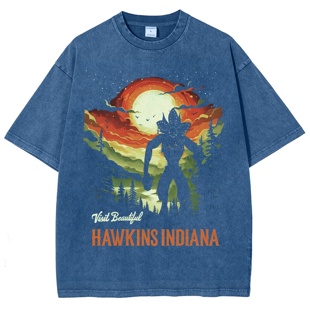 "Visit Hawkins" Retro Dusk Monster Silhouette Washed T-Shirt