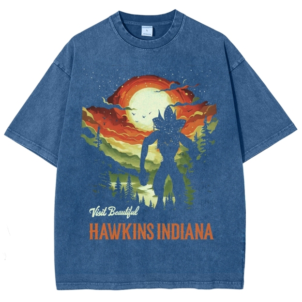 "Visit Hawkins" Retro Dusk Monster Silhouette Washed T-Shirt