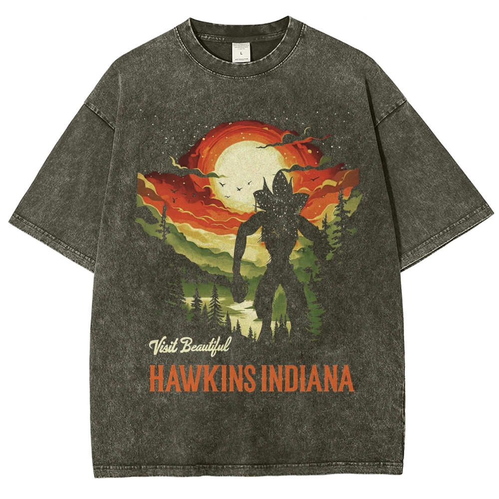 "Visit Hawkins" Retro Dusk Monster Silhouette Washed T-Shirt