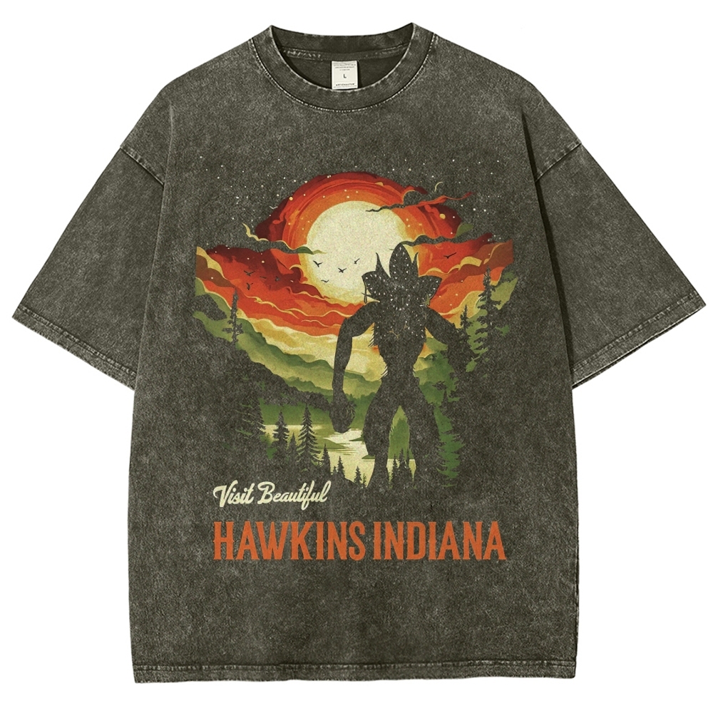 "Visit Hawkins" Retro Dusk Monster Silhouette Washed T-Shirt