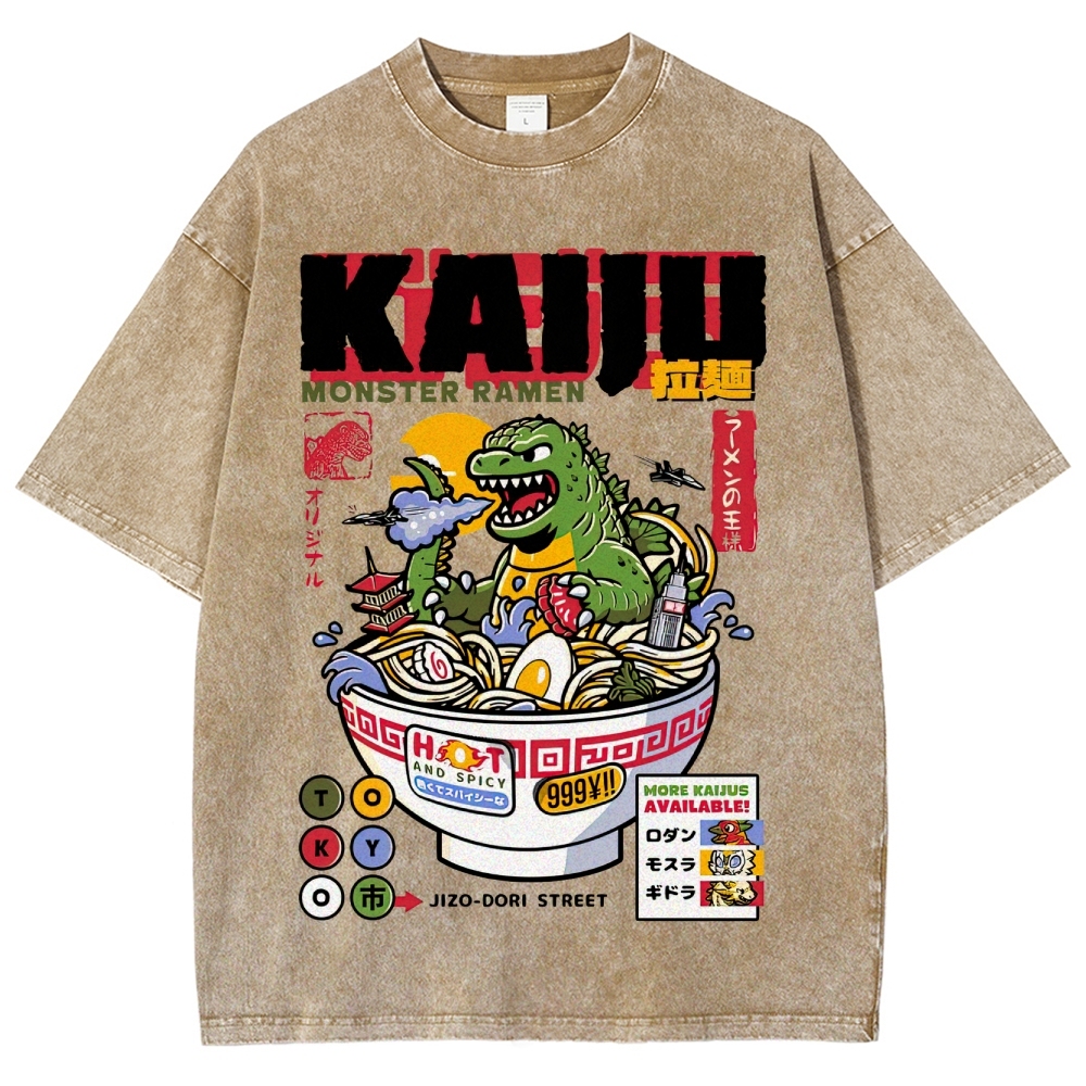 "Kaiju Monster Ramen" Retro Japanese Food Parody Washed T-Shirt