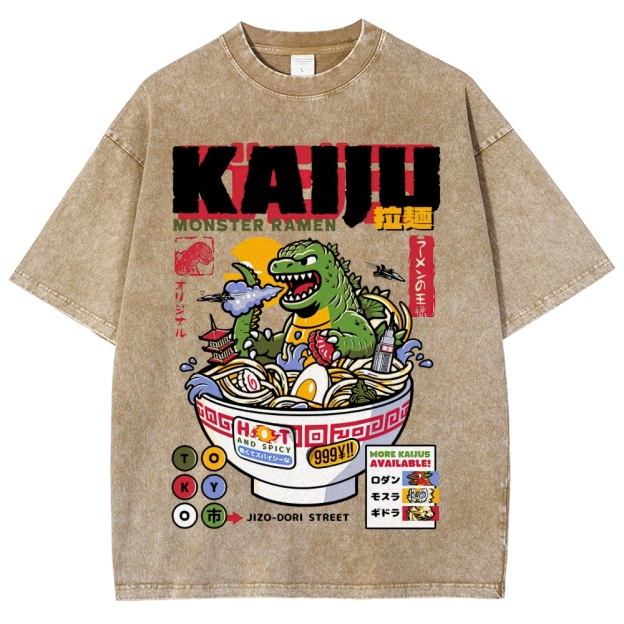 "Kaiju Monster Ramen" Retro Japanese Food Parody Washed T-Shirt