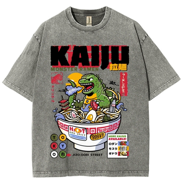 "Kaiju Monster Ramen" Retro Japanese Food Parody Washed T-Shirt