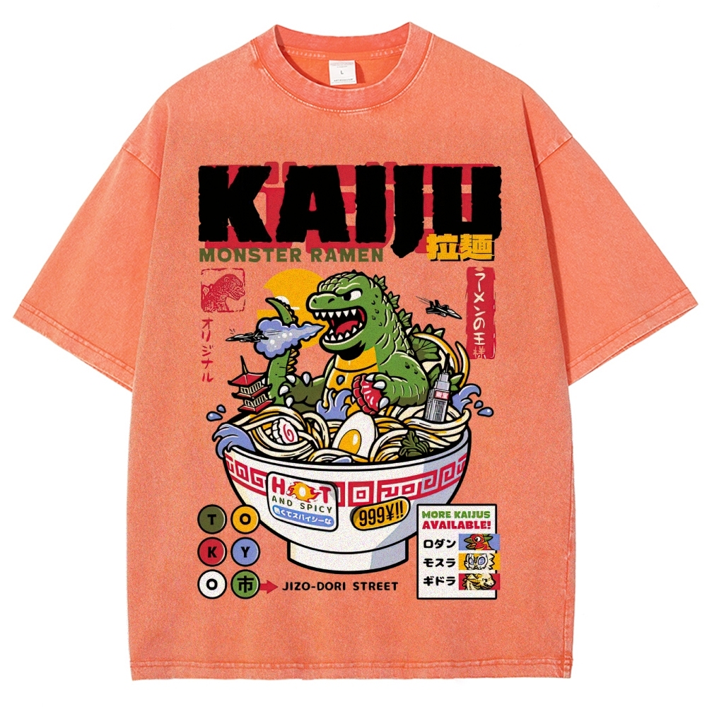 "Kaiju Monster Ramen" Retro Japanese Food Parody Washed T-Shirt