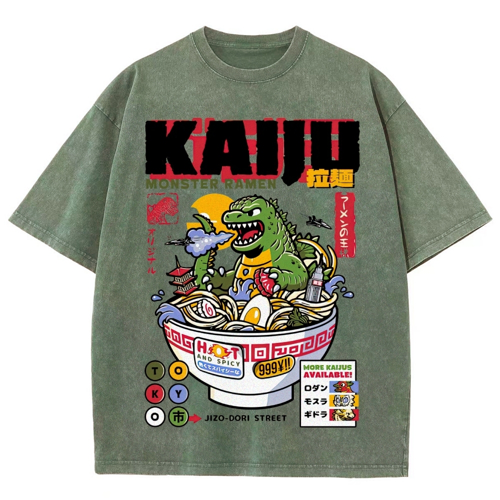 "Kaiju Monster Ramen" Retro Japanese Food Parody Washed T-Shirt