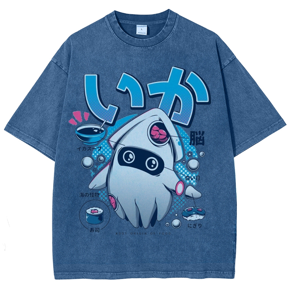 "Squid Origin of Food" Retro Japanese Squid Parody Washed T-Shirt