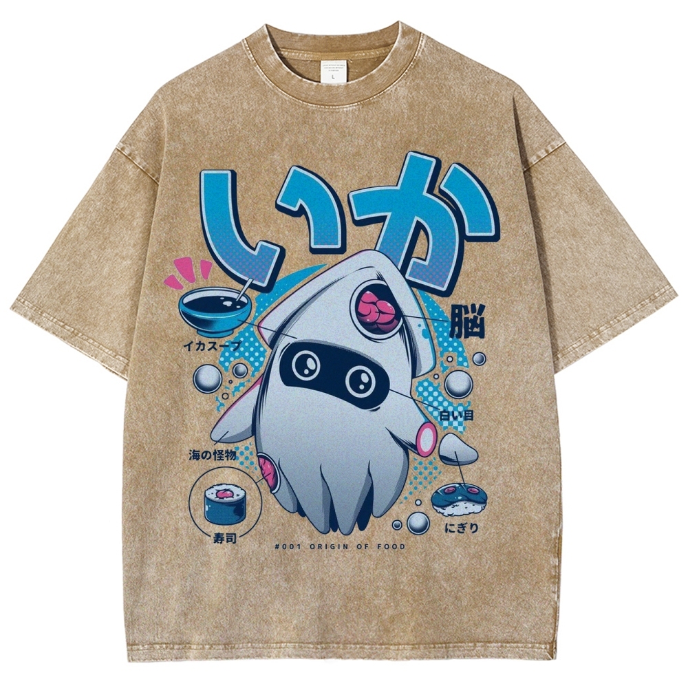 "Squid Origin of Food" Retro Japanese Squid Parody Washed T-Shirt
