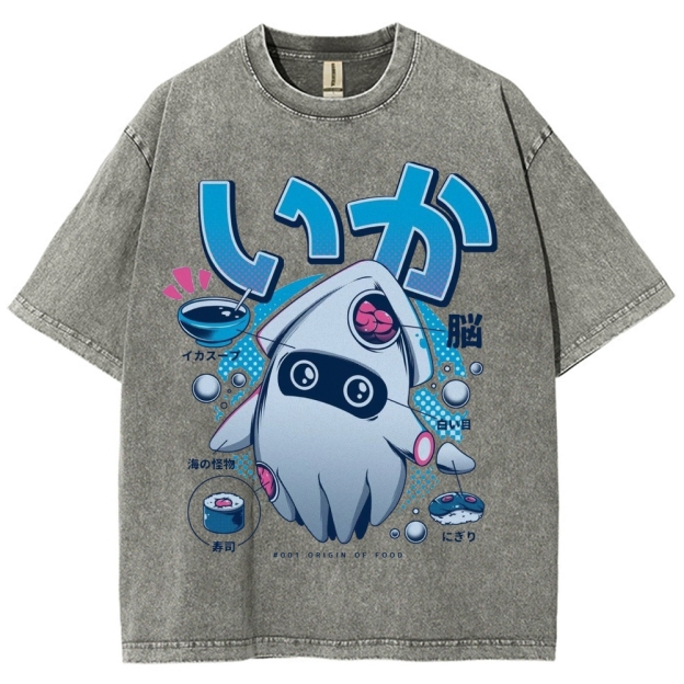 "Squid Origin of Food" Retro Japanese Squid Parody Washed T-Shirt