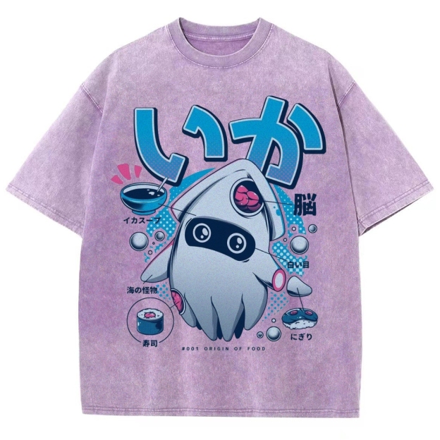 "Squid Origin of Food" Retro Japanese Squid Parody Washed T-Shirt