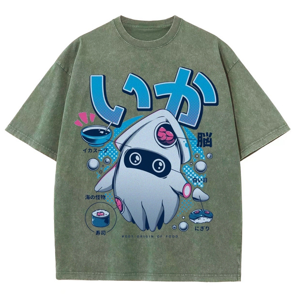 "Squid Origin of Food" Retro Japanese Squid Parody Washed T-Shirt