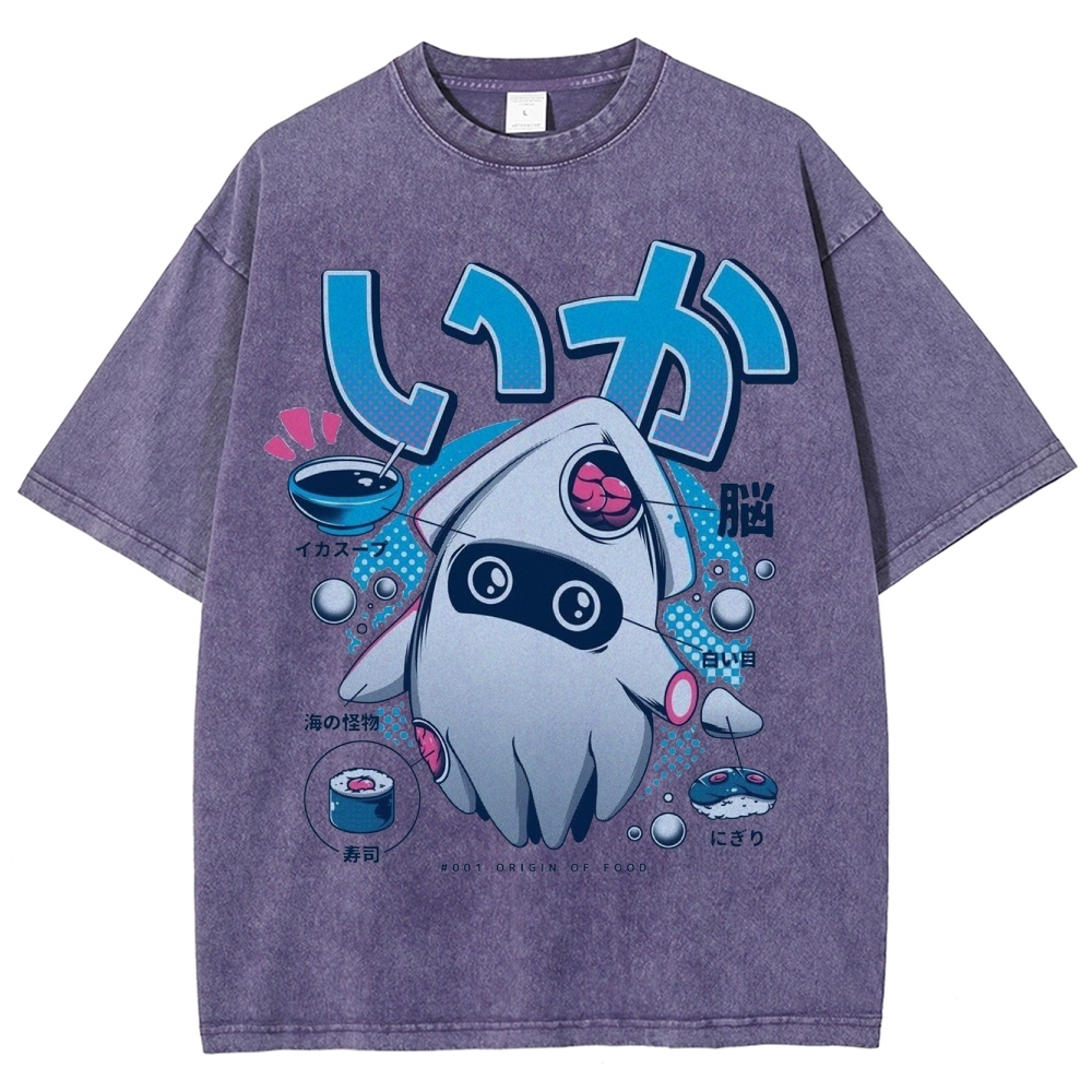 "Squid Origin of Food" Retro Japanese Squid Parody Washed T-Shirt