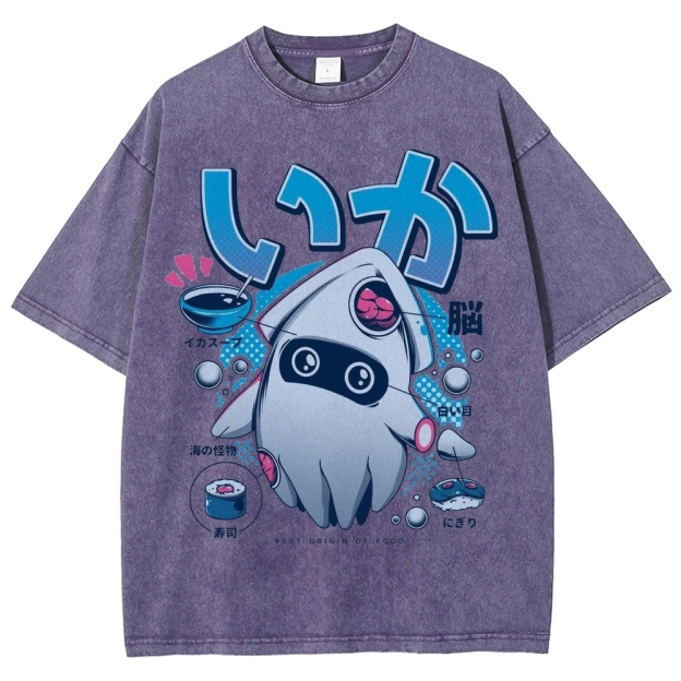 "Squid Origin of Food" Retro Japanese Squid Parody Washed T-Shirt