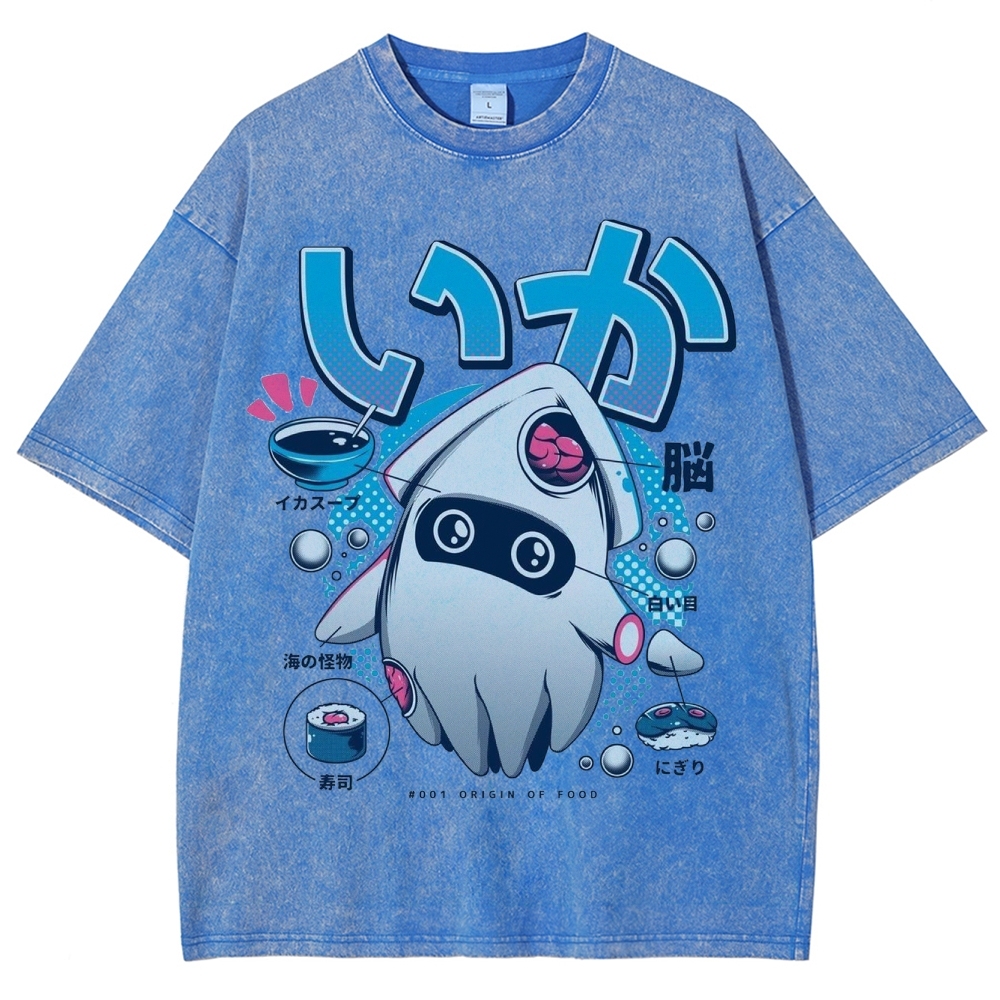 "Squid Origin of Food" Retro Japanese Squid Parody Washed T-Shirt