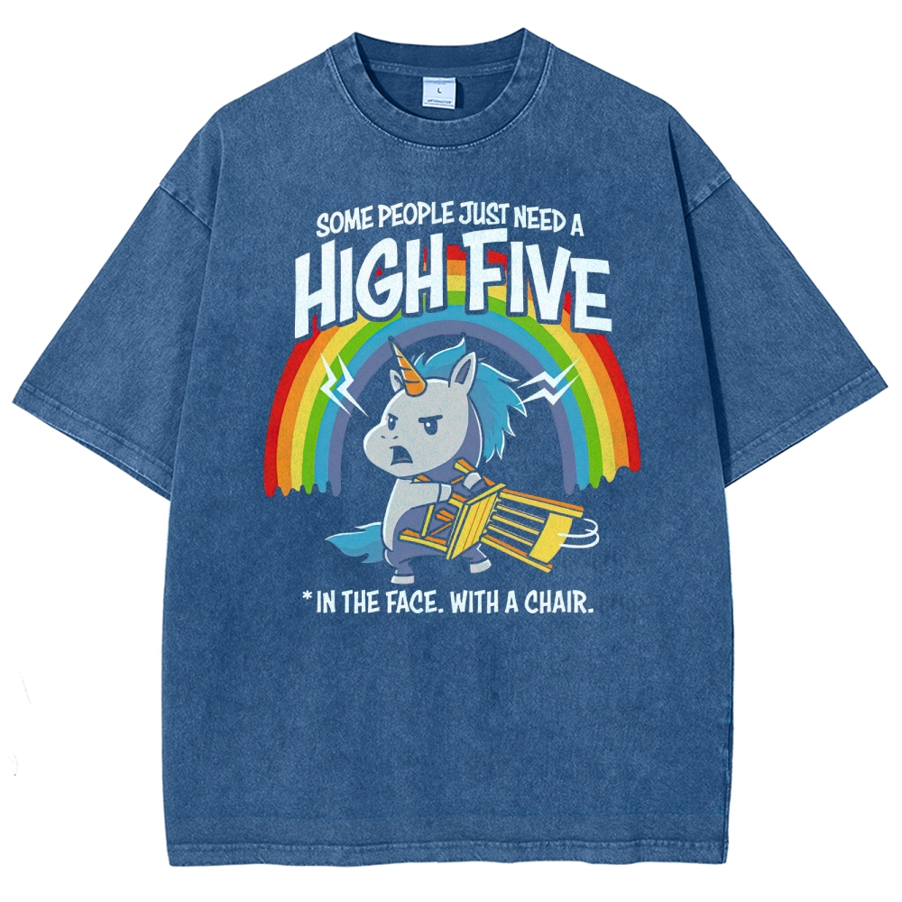 "High Five In The Face With A Chair" Unicorn Parody Washed T-Shirt