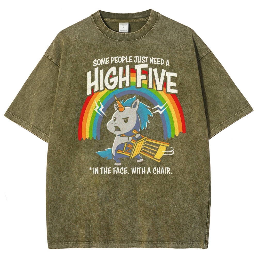 "High Five In The Face With A Chair" Unicorn Parody Washed T-Shirt