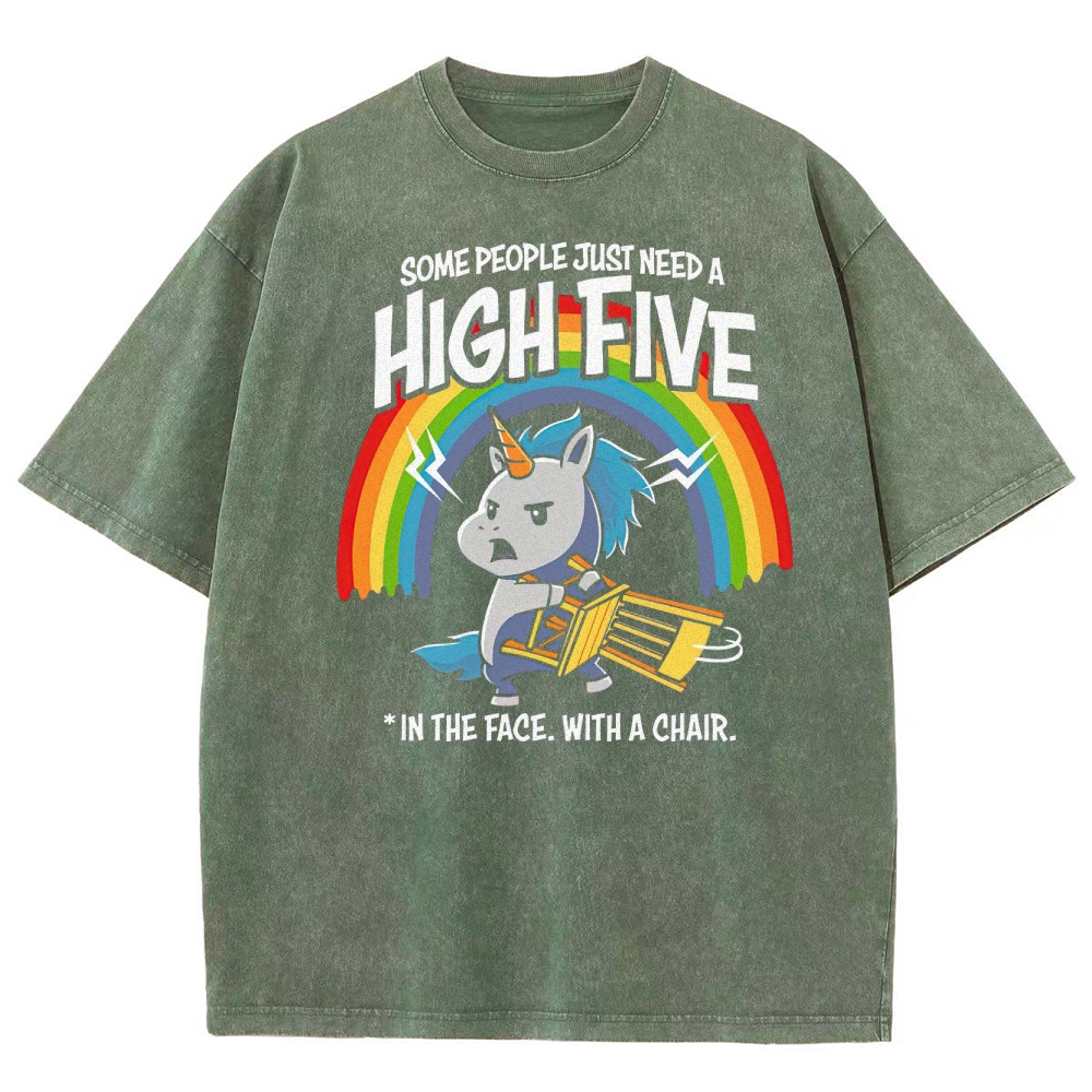 "High Five In The Face With A Chair" Unicorn Parody Washed T-Shirt