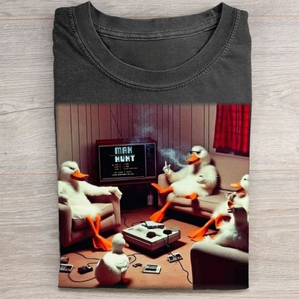 Retro Cartoon Ducks Gaming Scene Washed Tee 