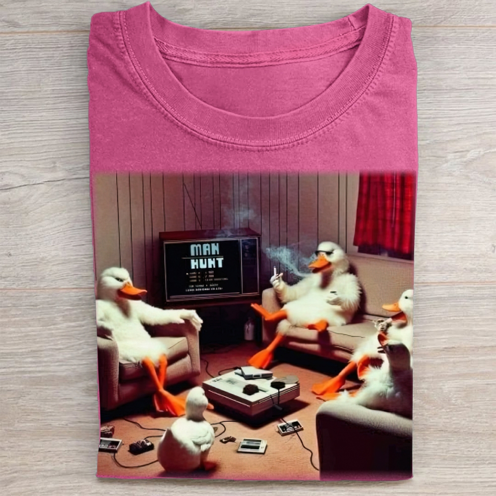 Retro Cartoon Ducks Gaming Scene Washed Tee 