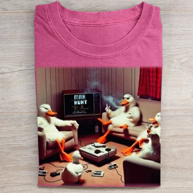 Retro Cartoon Ducks Gaming Scene Washed Tee 