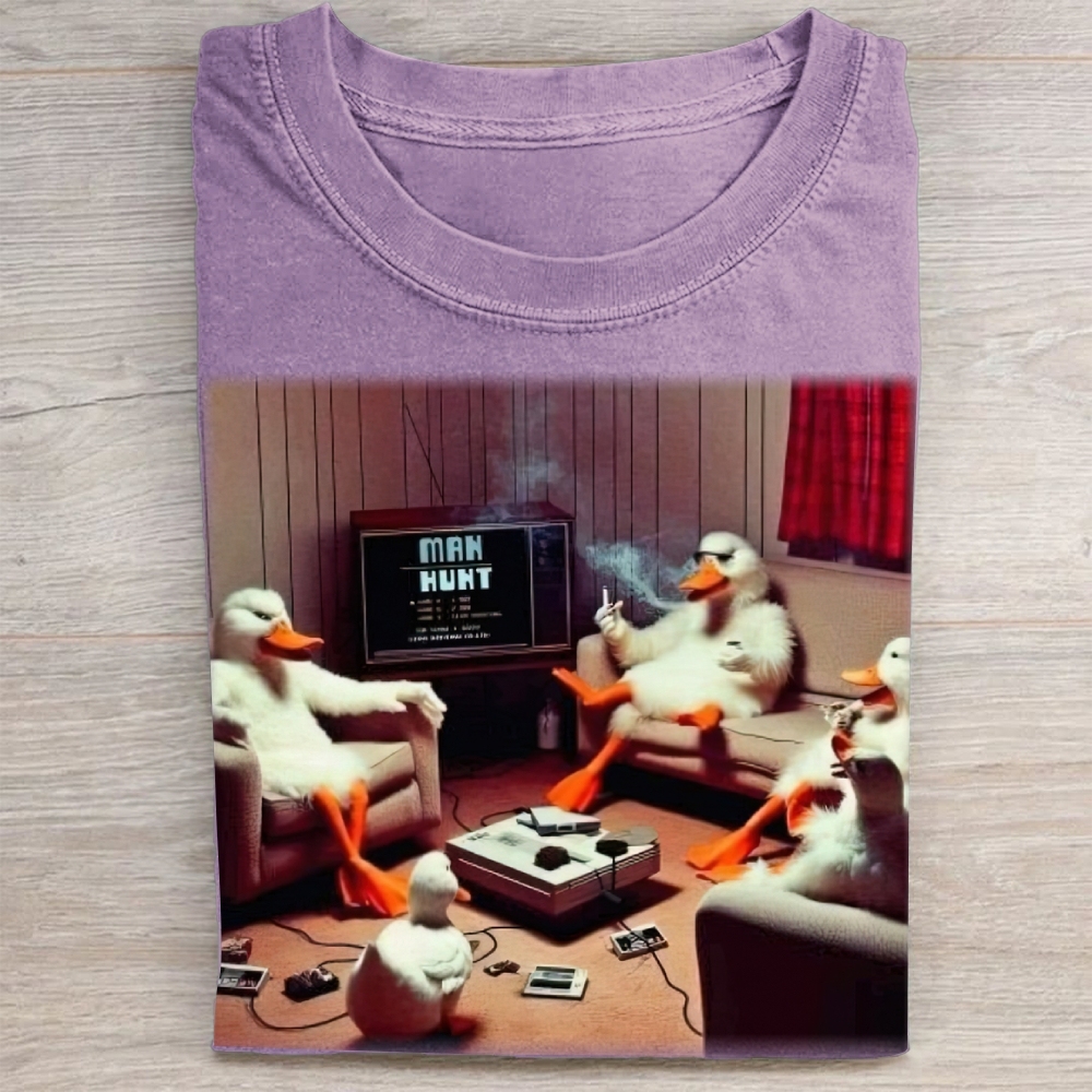 Retro Cartoon Ducks Gaming Scene Washed Tee