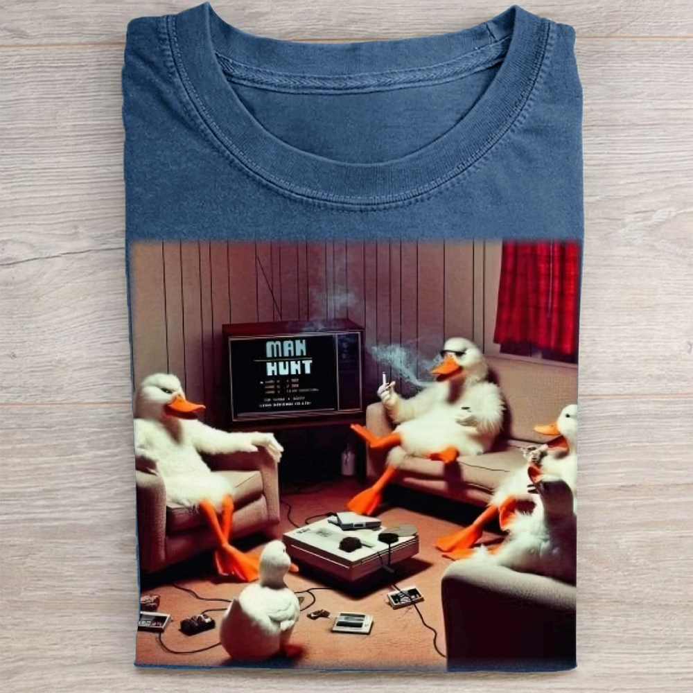 Retro Cartoon Ducks Gaming Scene Washed Tee 