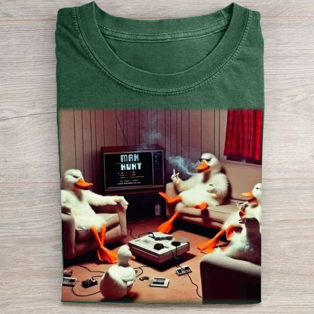 Retro Cartoon Ducks Gaming Scene Washed Tee 