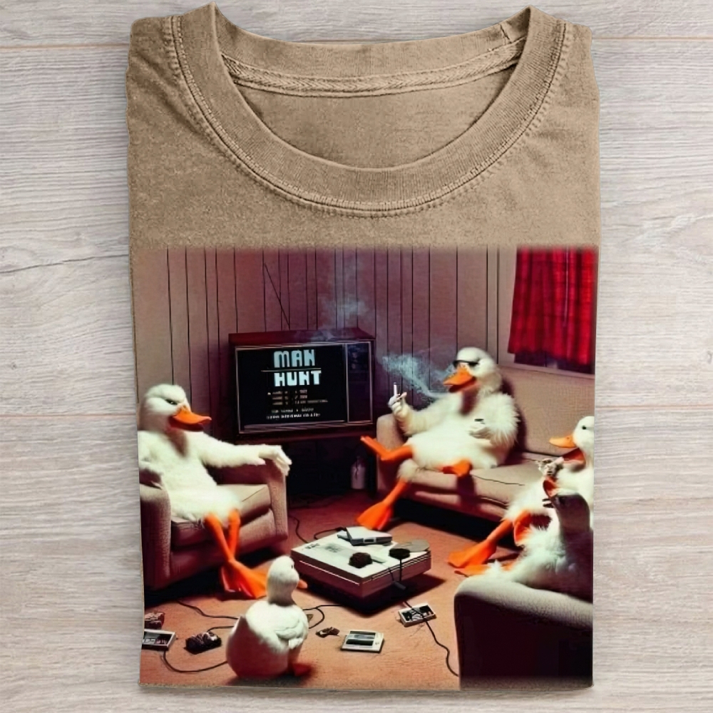 Retro Cartoon Ducks Gaming Scene Washed Tee 