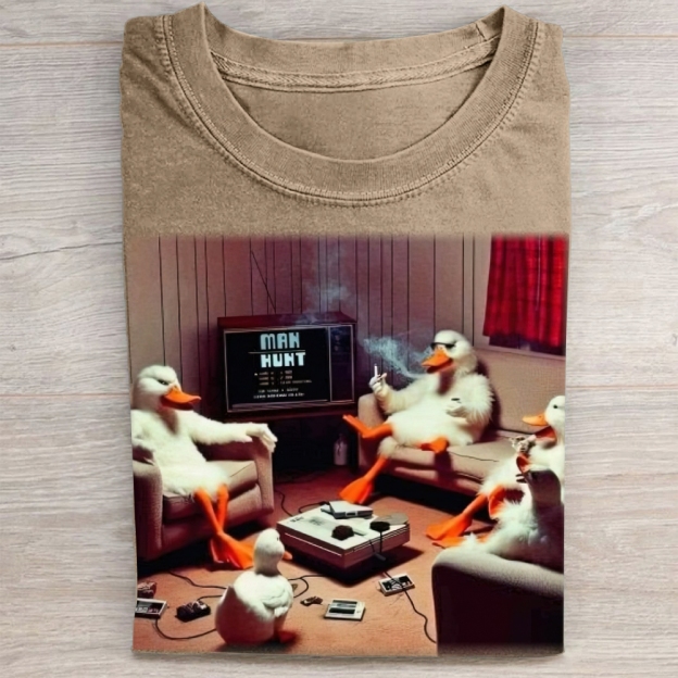 Retro Cartoon Ducks Gaming Scene Washed Tee 