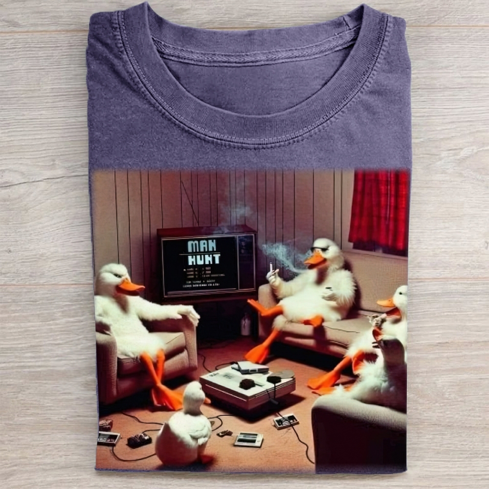 Retro Cartoon Ducks Gaming Scene Washed Tee 