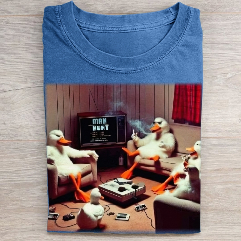 Retro Cartoon Ducks Gaming Scene Washed Tee 