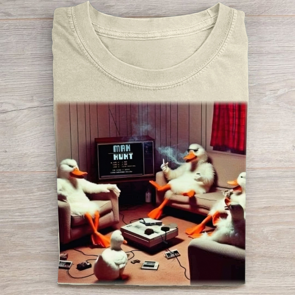 Retro Cartoon Ducks Gaming Scene Washed Tee 