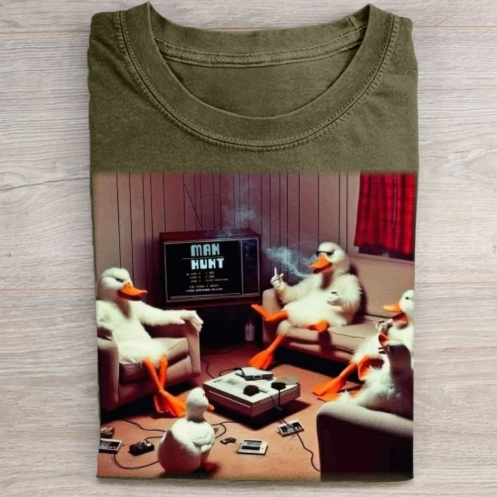 Retro Cartoon Ducks Gaming Scene Washed Tee 