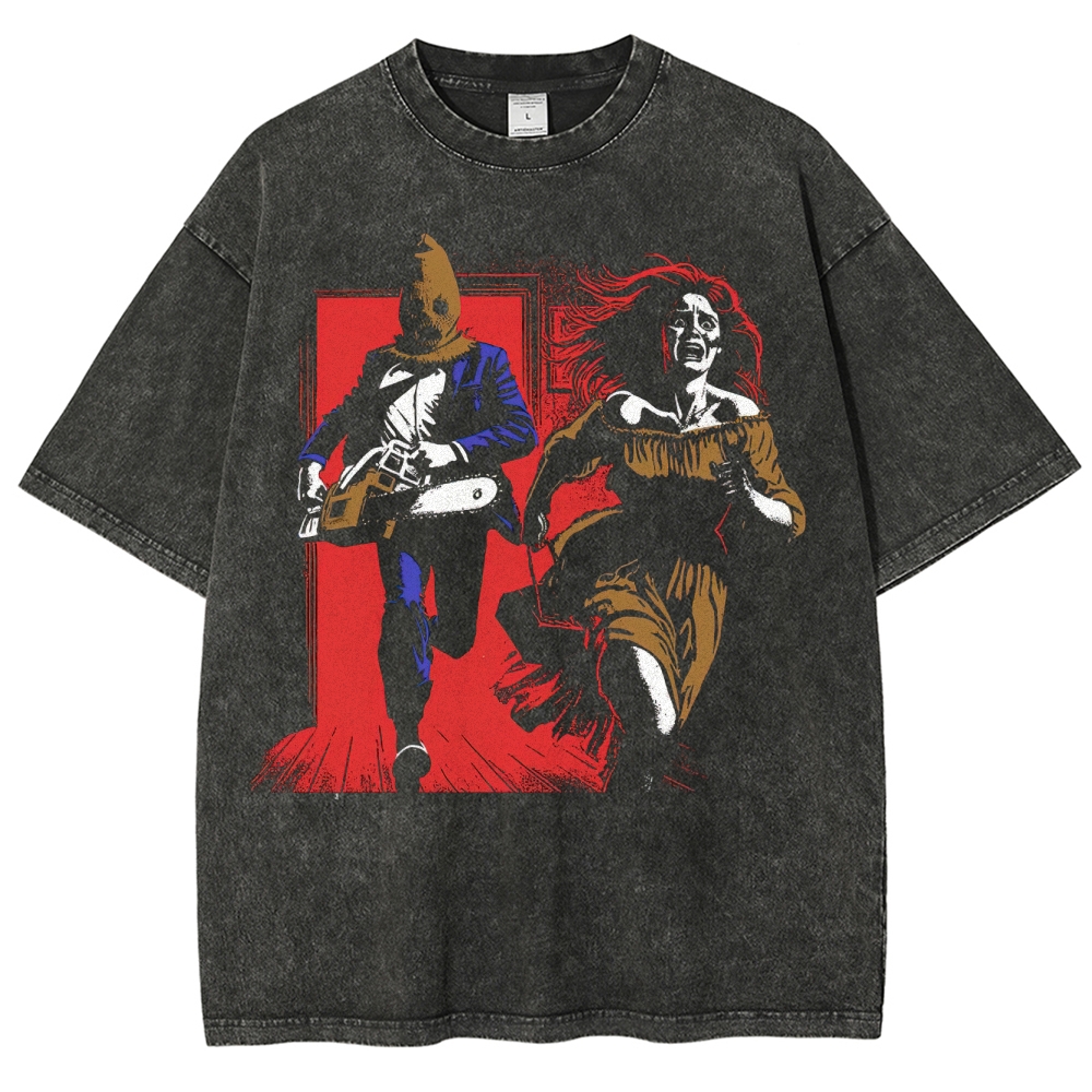 Retro Horror Chainsaw Scene Washed T-Shirt 